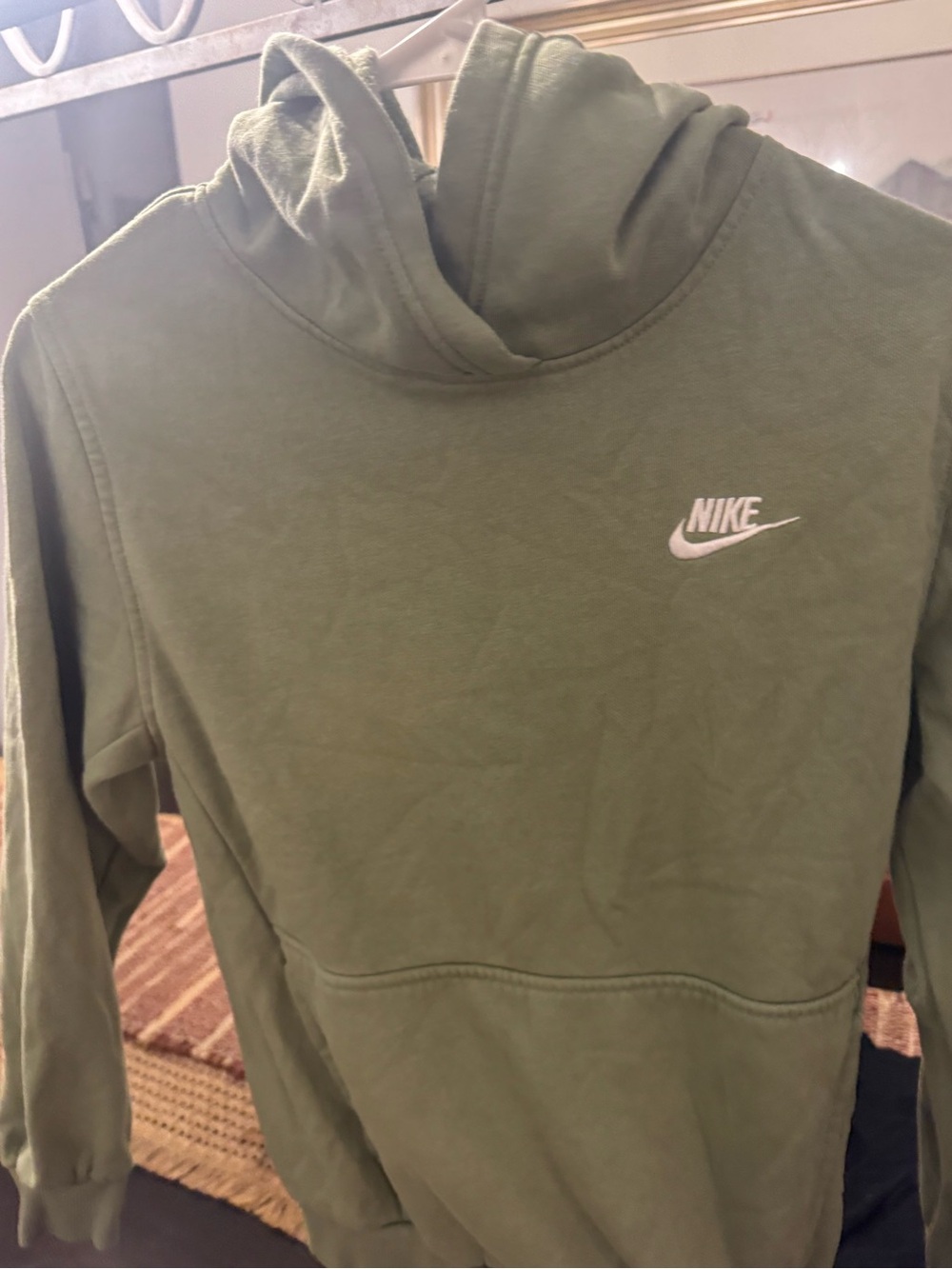 Nike Olive Green Kids Hooded Pullover with White Swoosh
